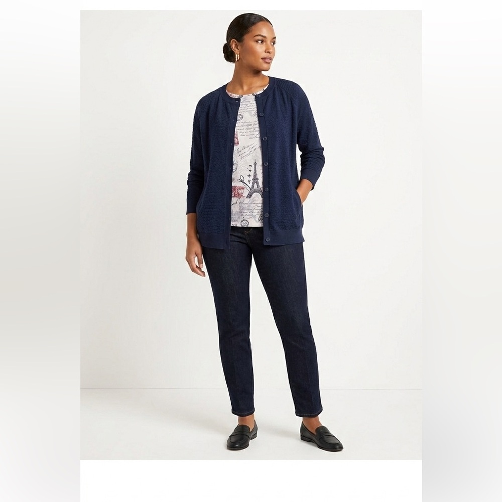 LOFT 3/4 Sleeve Cotton Knit Cardigan, Dark Navy Blue, Large - Picture 7 of 7